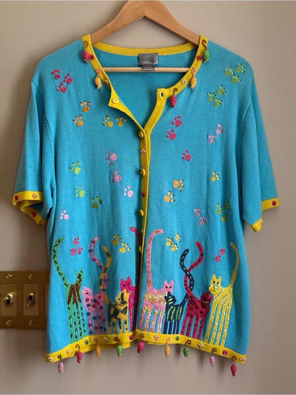 Vintage Berek Cat Button Knit Cardigan Sweater Size XL